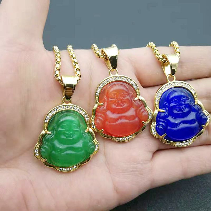 Hip Hop Vintage Multicolour Jade Maitreya Buddha Titanium Steel Pendant Halsband 18K Real Gold Plated Women Men smycken