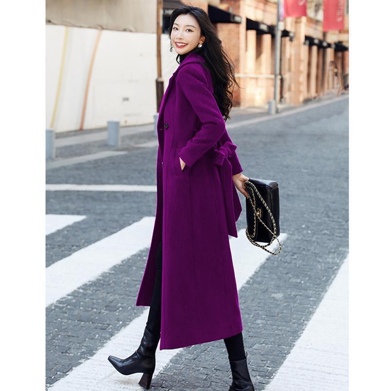 Women's Wool Blends 2021 Autumn and Winter Coat Purple Woolen Women Over The Kne Long Fashion Slim