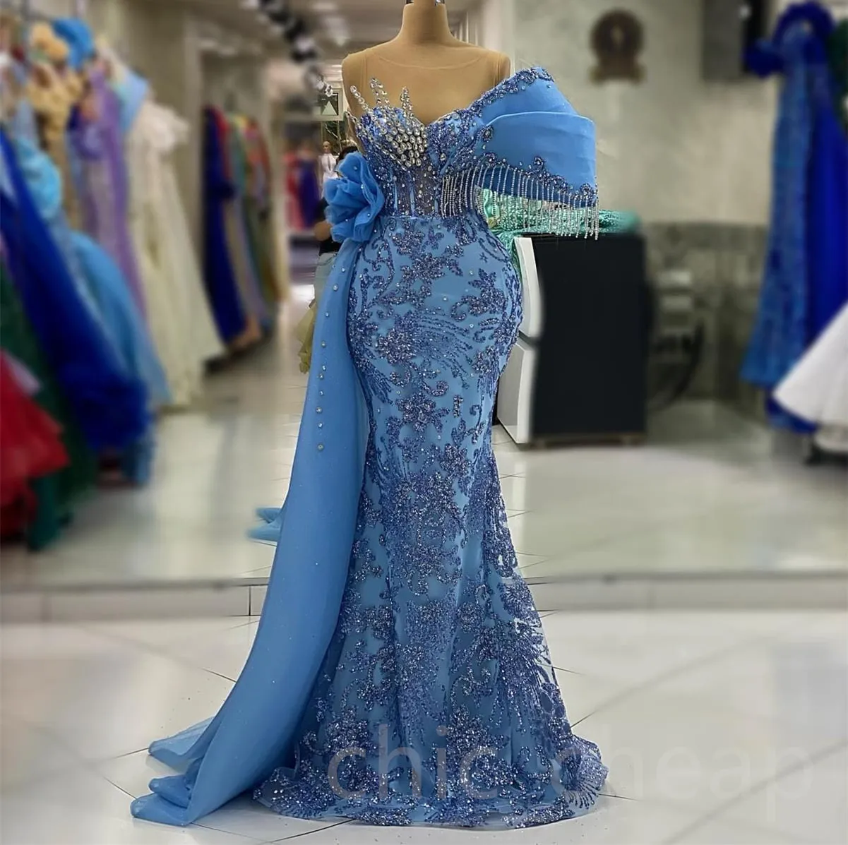 2023 Aso Ebi Sheer Neck Mermaid Prom Dress Beaded Crystals Evening Formal Party Second Reception Birthday Engagement Gowns Dresses Robe De Soiree ZJ696