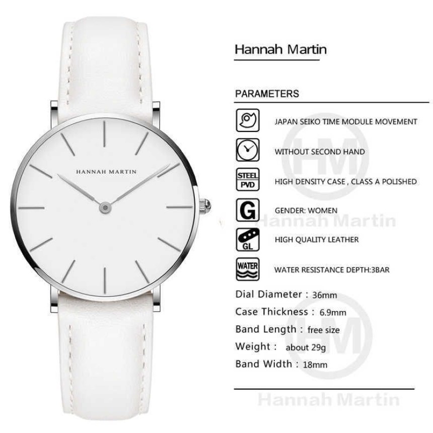 Hannah Martin Casual Ladies zegarek ze skórzanym paskiem Wodoodporne kobiety zegarki Srebrny kwarcowy zegarek na nadgarstek White Relogio feminino 210218o