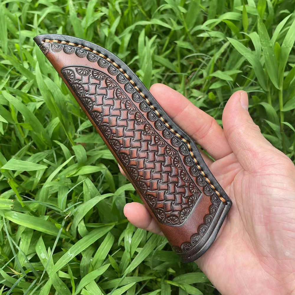 Top Quality S2268 General-purpose cowhide leather, Leather Knife Sheath for Fixed Blade 4.8 Inch Knives Brown Basket Weave Sheaths with Belt Holder