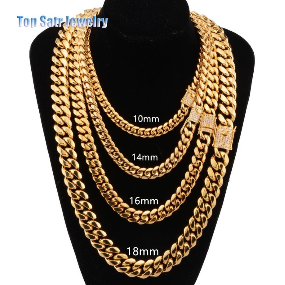 8 mm 10 mm 12 mm 14 mm 16 mm Edelstahlschmuck 18 Karat vergoldet hochglanzpolierter Zirkonia-Verschluss Miami Cuban Link Halskette Herren269q