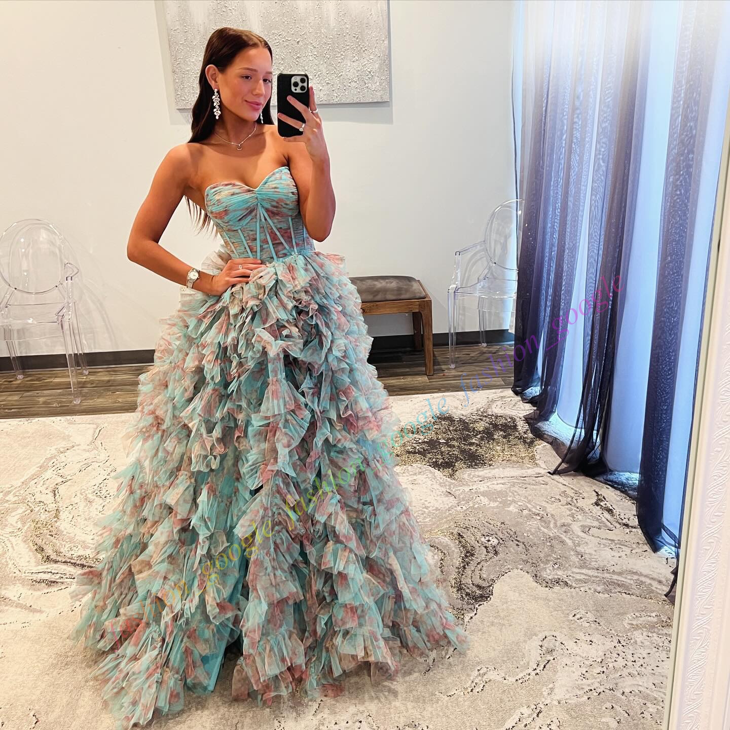 Printed Floral Prom Dress Sweetheart Fitted Bodice Layered Ruffled Lady Pageant Winter Formal Evening Gown Special Occasion Gala Wear Lilac Aqua Dreamsicle Multi