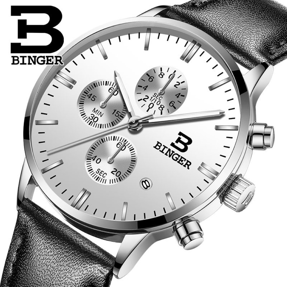 Äkta Binger Quartz Male Watches äkta läderklockor Racing Men Students Game Run Chronograph Watch Male Glow Hands CX200805310J