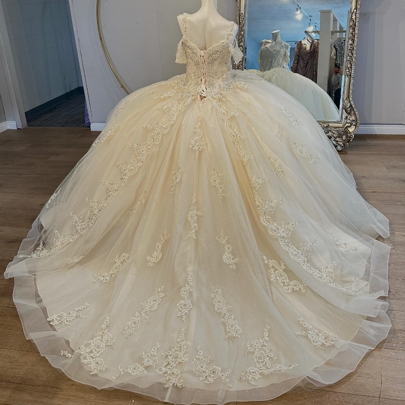 Vestido para quinceañeras color champán ligero, 16 vestidos con hombros descubiertos, encaje con apliques, vestido De baile De tul, vestido De princesa para fiesta De cumpleaños, Vestidos 15 De