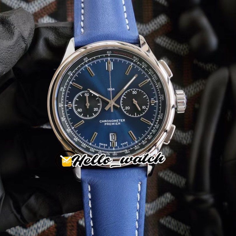 Nieuwe Premier B01 stalen kast AB0118A61C1P1 VK quartz chronograaf herenhorloge stopwatch blauwe wijzerplaat blauwe lederen band horloges Hallo Wat201C