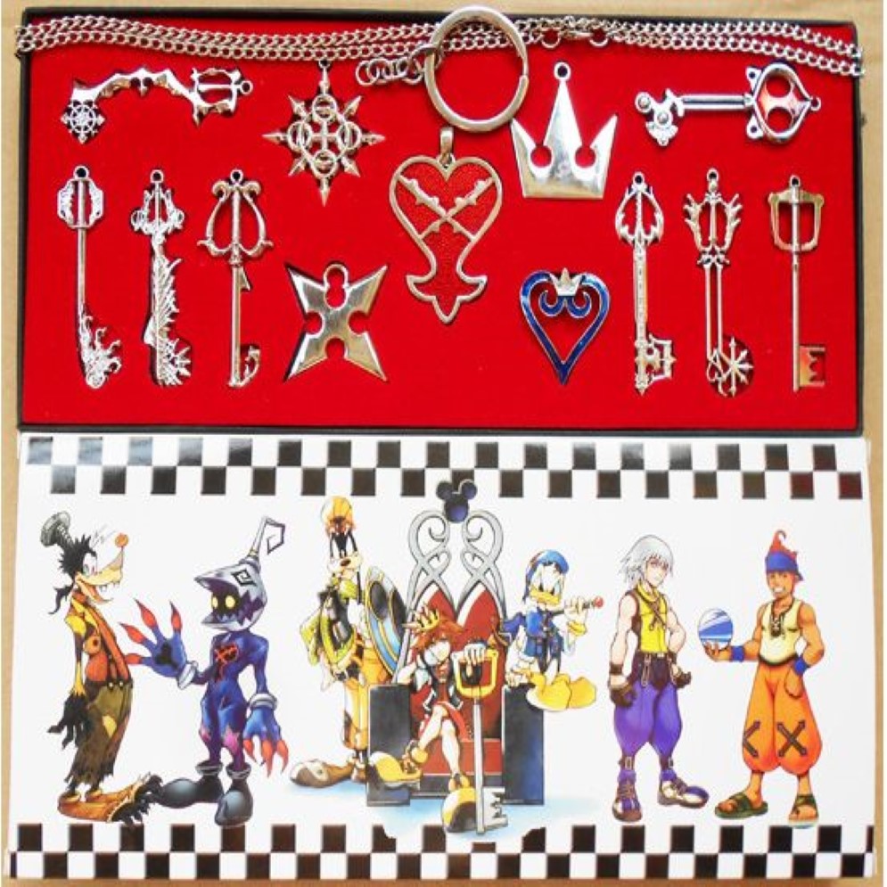 2 Stile 13-teiliges Set Kingdom Hearts Cosplay Halskette Sora Schlüsselschwert Schlüsselanhänger Metallfigur Spielzeug Anhänger Schlüsselanhänger 2364