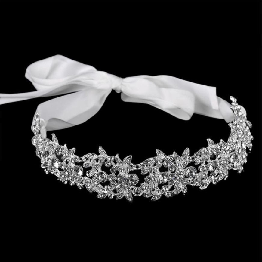 Handgjorda brudpannband Tiara Crystal Wedding Hair Accessories Ribbon Elegant Headpiece Rhinestone Women Hair Jewelry294o