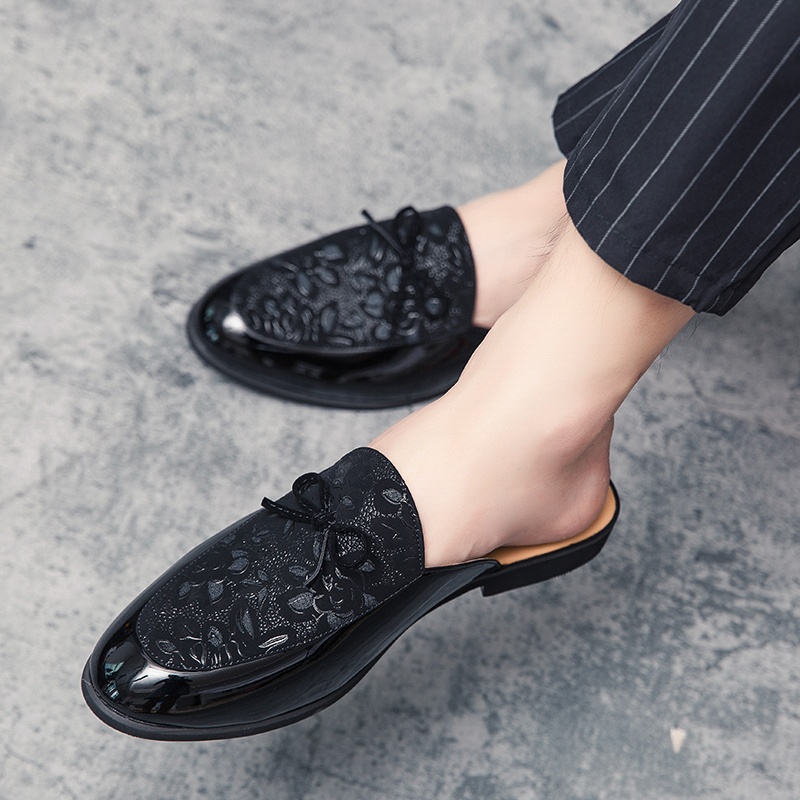 Novos homens mueller sapatos plutônio padrão em relevo salto baixo meio dedo do pé casual fivela de metal decoração negócios casuais sapatos masculinos