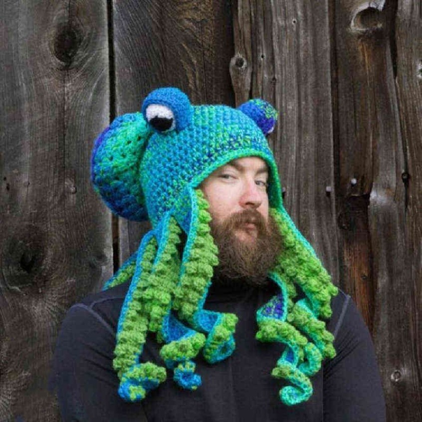 Octopus Beard Hand Weave Knit Wool Hats Men Christmas Cosplay Party Funny Tricky Headgear Winter Warm Couples Beanies Cap 211231238J