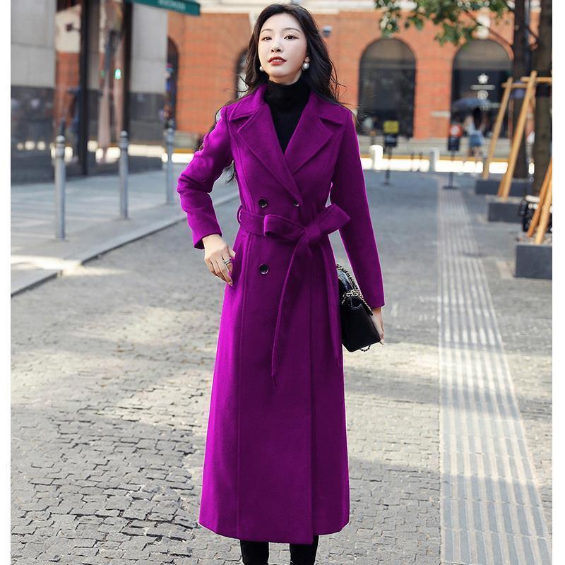 Mélange de laine pour femmes, manteau d'automne et d'hiver, violet, au dessus du genou, Long, à la mode, Slim, 2021