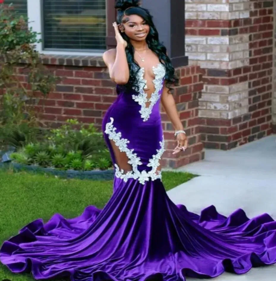 Sexy Lace Appliques Mermaid Black Girl Purple Prom Dress 2024 Velvet Beads Sheer Mesh Formal Party Evening Gowns Robe De Bal 0221