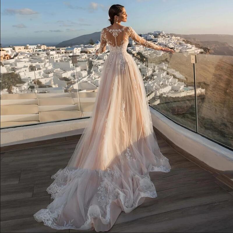 Lindo laço apliques mangas compridas sereia vestido de casamento para noiva 2024 pura malha botão superior decoração ilusão volta com saia destacável vestido de novia 0304