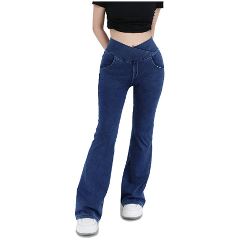 Taille haute poches croisées denim fitness pantalon coupe ajustée élastique jambe large pantalon pour tenue décontracté pantalon de yoga