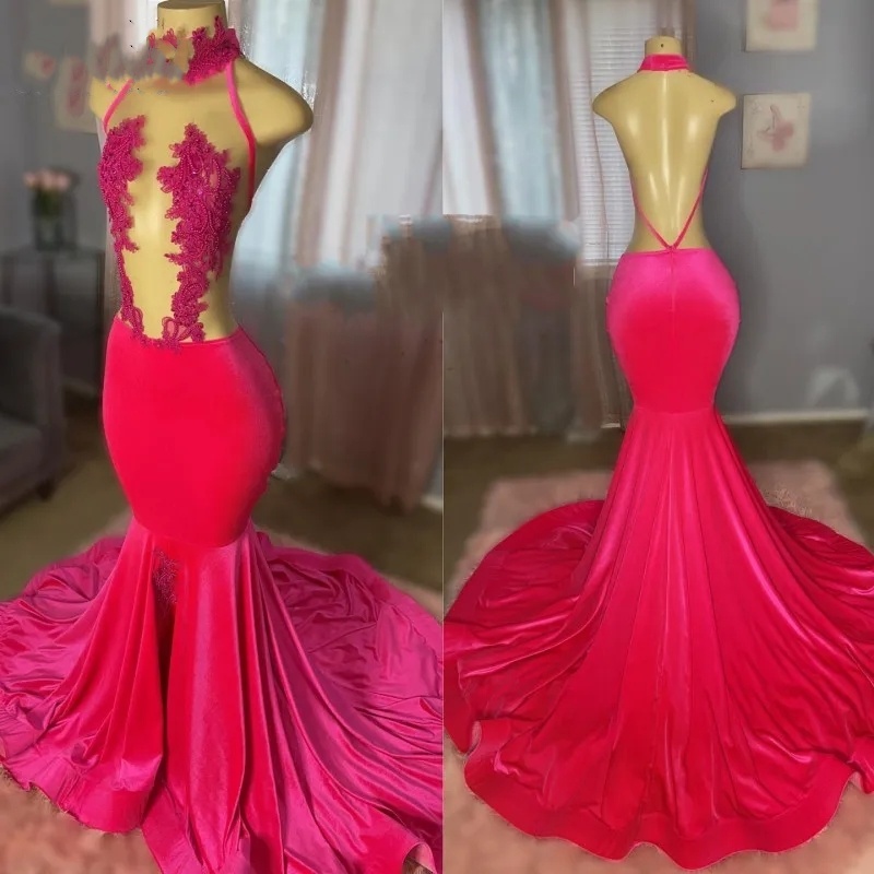Sexy Backless Lace Magenta Prom Dresses For Woman 2024 Halter Beading Velvet Mermaid Party Gowns Birthday Outfits Long