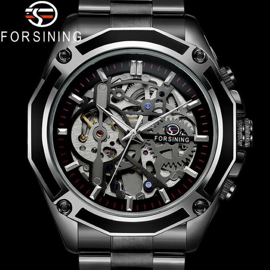 Forsining أوتوماتيكية للرجال الميكانيكيون Wristwatch Military Malk Clock Top Brand Luxury Black Steel Skeleton New Man Watch 8130 Y258p