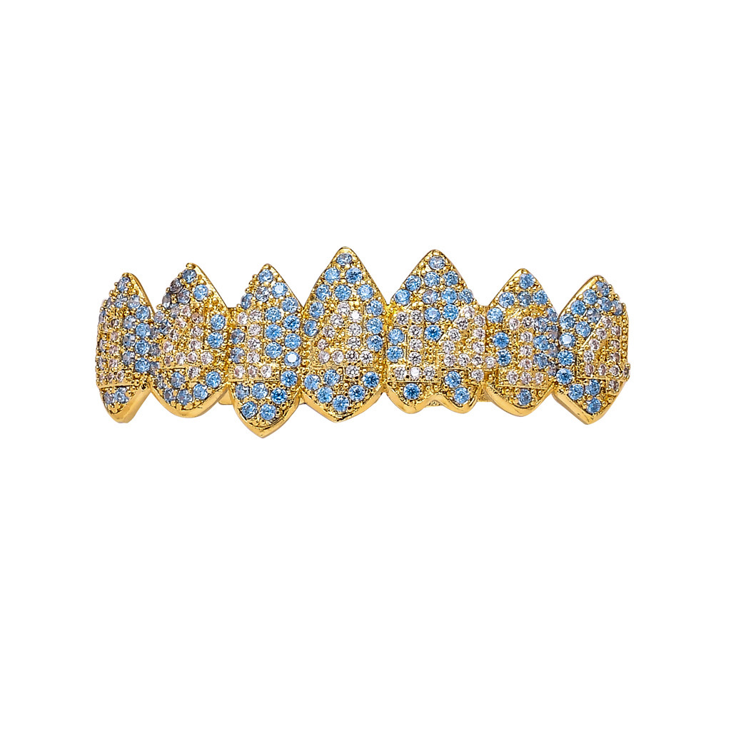 Verguld Kleurrijk Blauw 1414 CZ Vampire Teeth Grillz Iced Out Micro Pave Cubic Zirkoon 8 Tand Hip Hop Grill Top Bottom Tandenset met Silicon Molding Bar Man Jewel