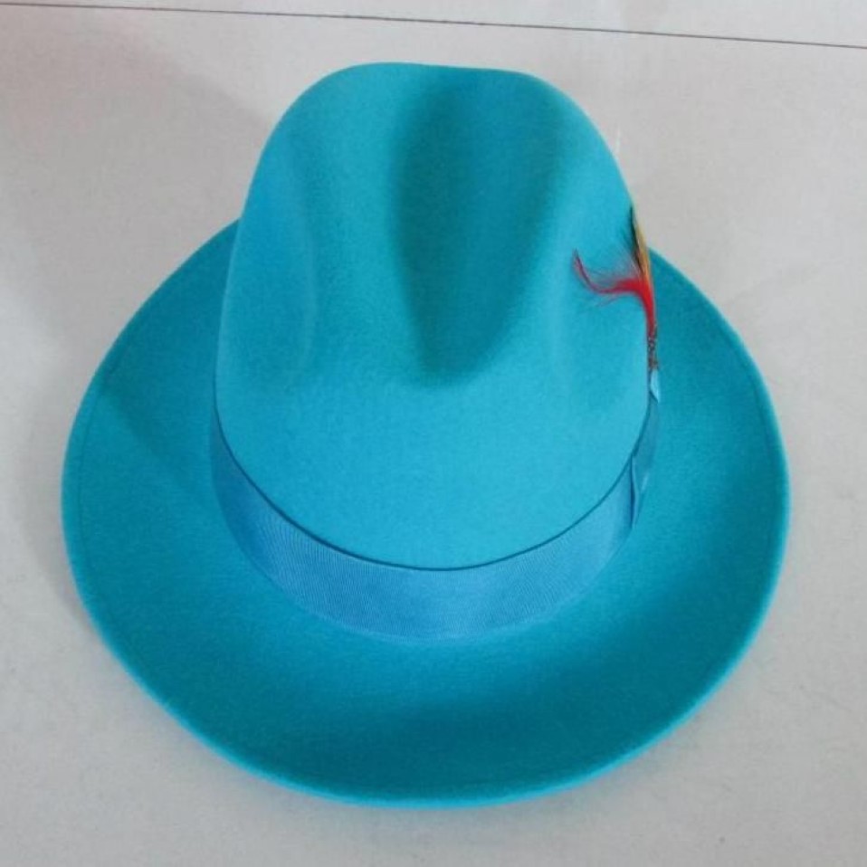 Moda uomo Fedora Berretto di lana Maschio Lago Blu Jazz Classico feltro leggero Cappello Fedora Padrino Cowboy B-8119 Cappelli a tesa larga250b