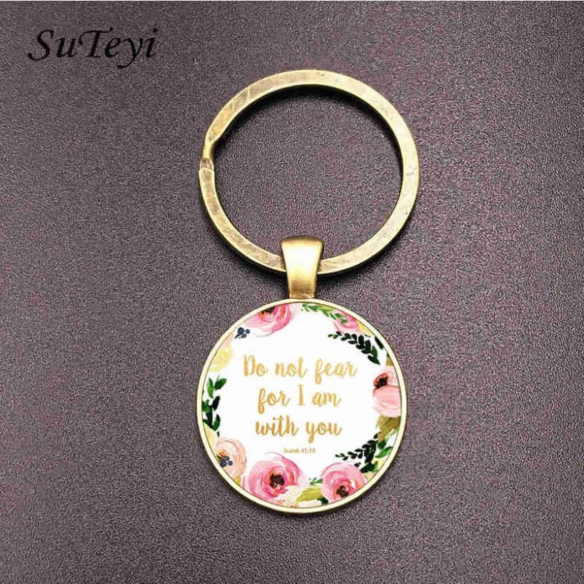 Suteyi Vintage Bronze Christian Bible Key Chain Holder Charms Bibeln Psalm Glas och blommor Bild Keychain Män kvinnor Gift1200z