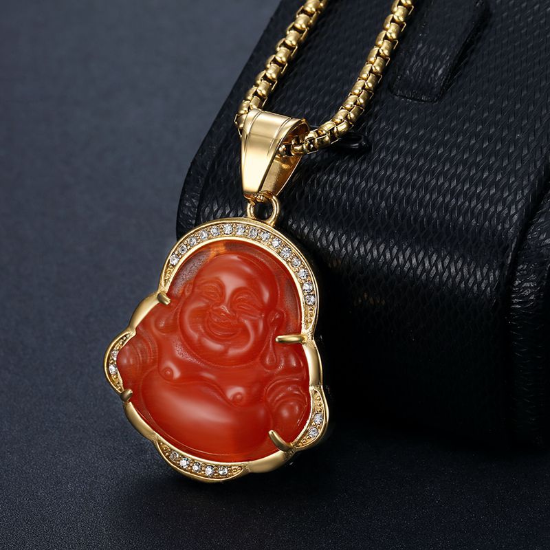 Hip Hop Vintage Multicolour Jade Maitreya Buddha Titanium Steel Pendant Halsband 18K Real Gold Plated Women Men smycken