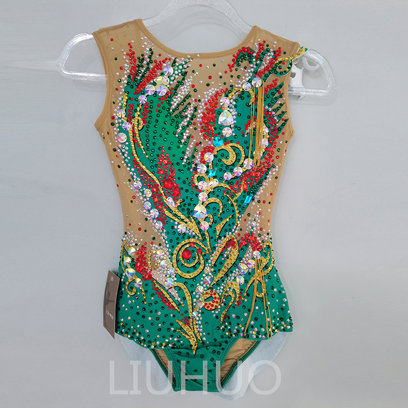 LIUHUO Customize Colors Rhythmic Gymnastics Leotards Girls Women Competition Artistics Gymnastics Performance Wear Crystals Green BD1276