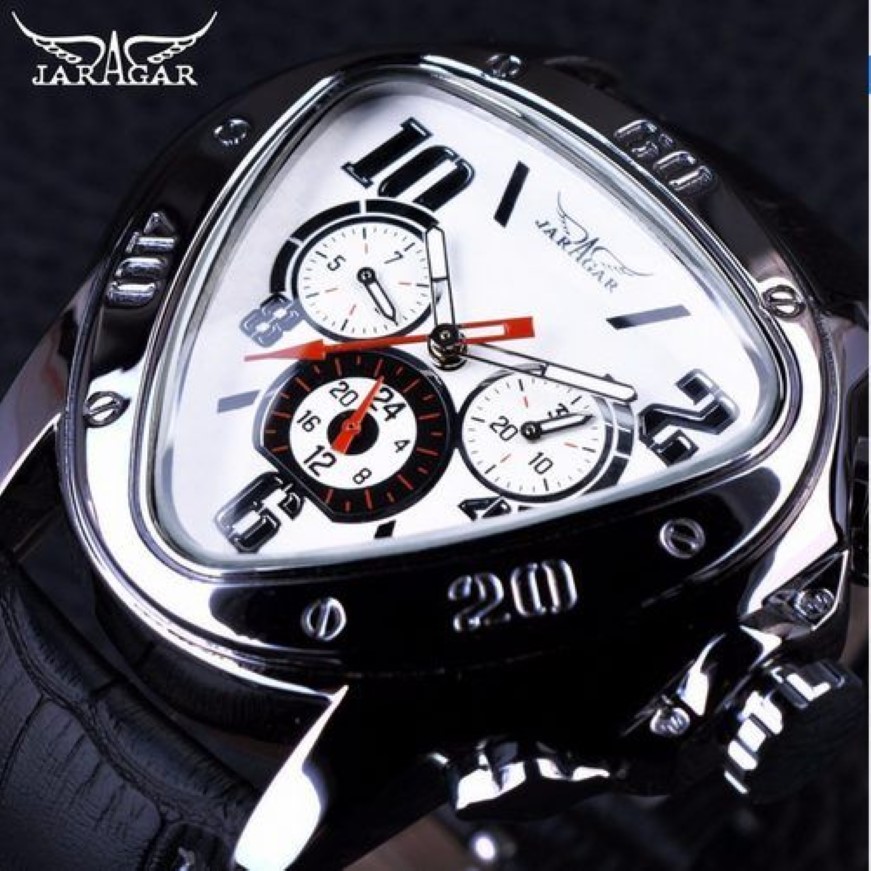 JARAGAR SPORT Fashion Design Mens Watches Top Brand Luxury Automatic Watch Triangle 3 Dial Dial Display äkta läderband Clock237H