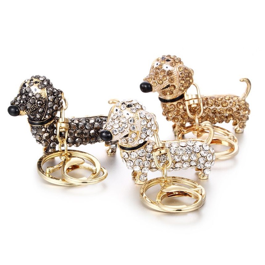 Rhinestone Crystal Dog Dachshund Keychain Bag Charm Pendant Keys Chain Holder Key Ring Jewelry For Women Girl Gift 6C08041302v