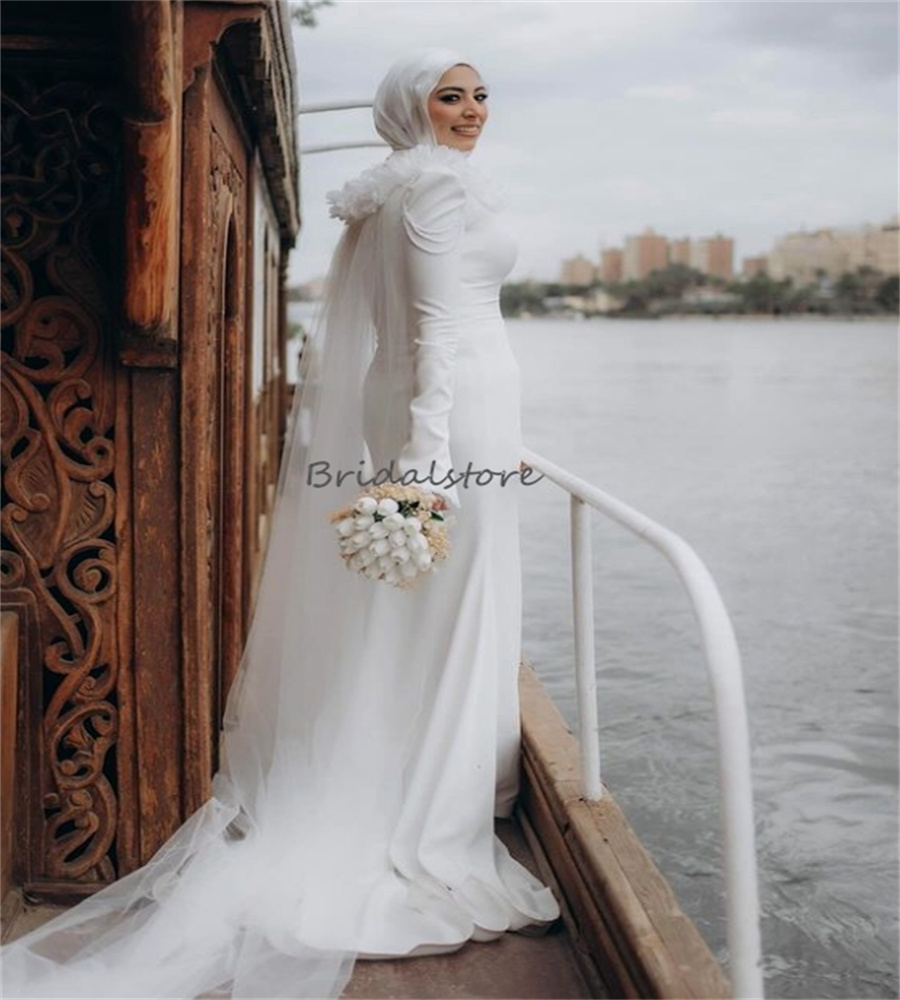 Robe de mariée musulmane islamique élégante avec des fleurs 3D fantaisie princesse à manches longues Boho Robe de mariée avec Cape Dubaï arabe mariée Robe De Casamento Robe Mariee 2024