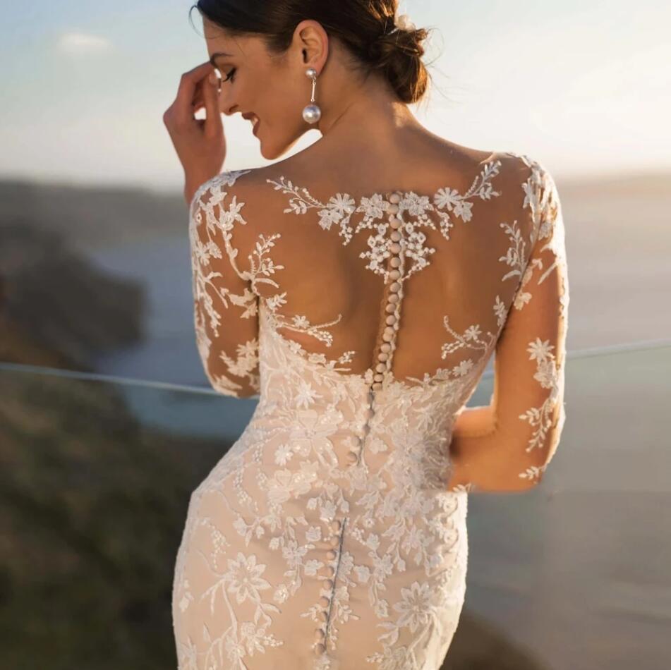 Splendido abito da sposa a sirena con maniche lunghe con applicazioni in pizzo la sposa 2024 Decorazione con bottoni in alto a rete trasparente Illusion Back con gonna staccabile Vestido De Novia 0304