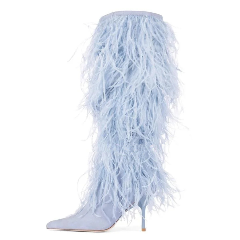 Женские модельные туфли до колена на высоком каблуке с легким страусиным пером и острым носком на высоком каблуке весна-зима