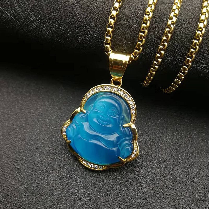 Hip Hop Vintage Multicolour Jade Maitreya Buddha Titanium Steel Pendant Halsband 18K Real Gold Plated Women Men smycken