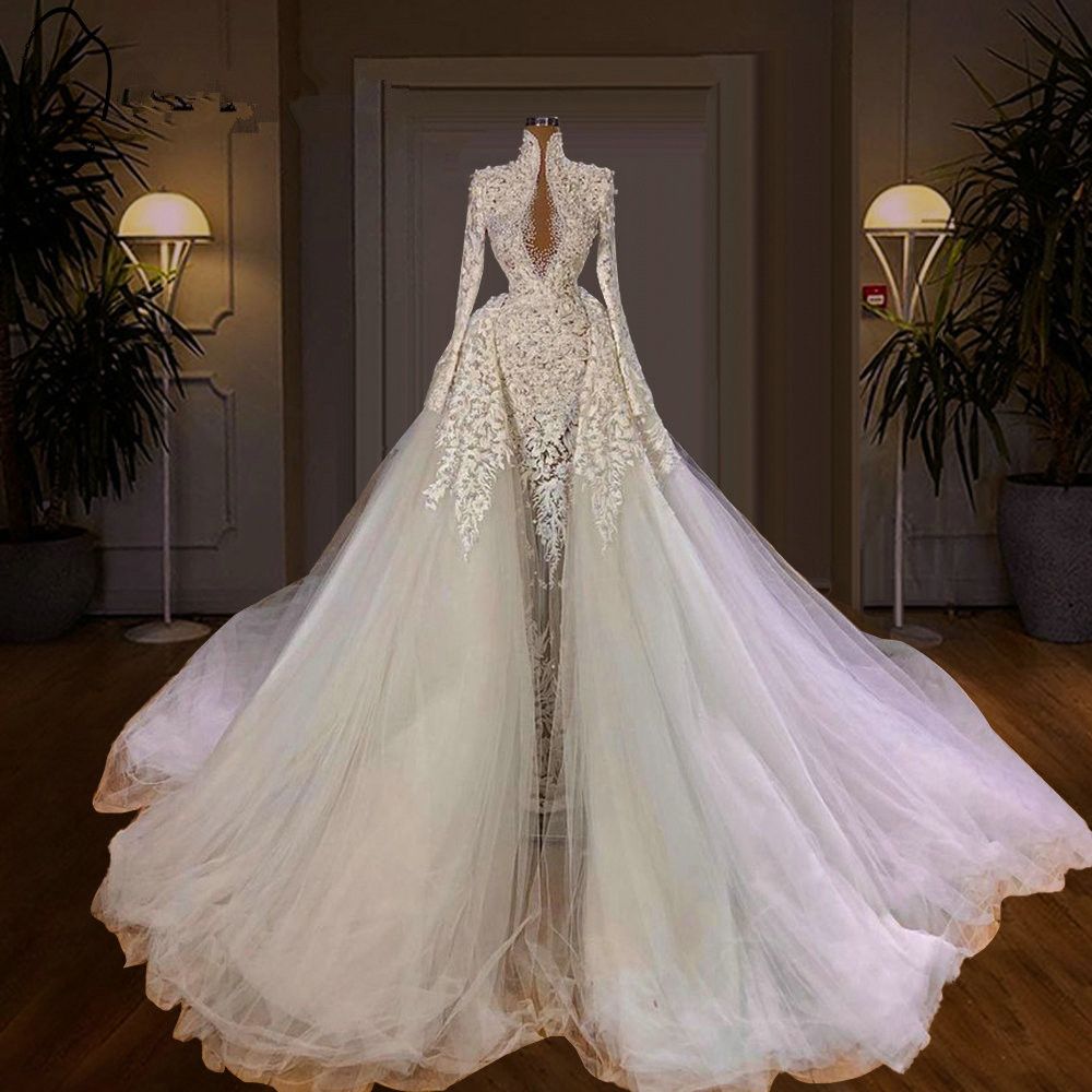 Precioso aplique sirena vestido de novia encaje perlas vestidos de novia con faldas ilusión vestidos de novia por encargo Vestido de novia