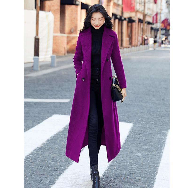 Mélange de laine pour femmes, manteau d'automne et d'hiver, violet, au dessus du genou, Long, à la mode, Slim, 2021