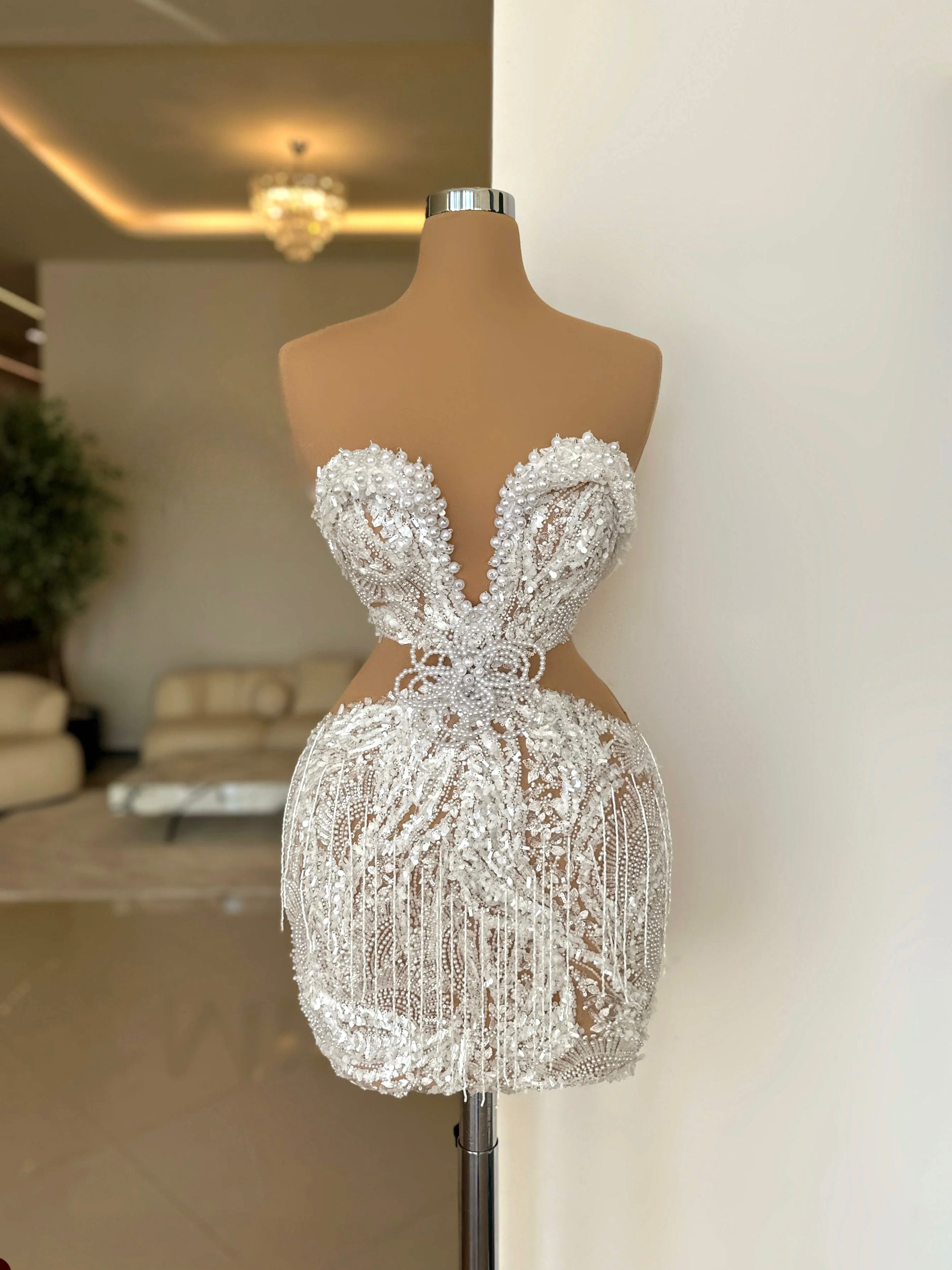 Fantasia pérolas cocktail vestidos de baile sem alças vestidos de noite curtos lantejoulas miçangas borla ver através de vestidos de festa feitos sob encomenda