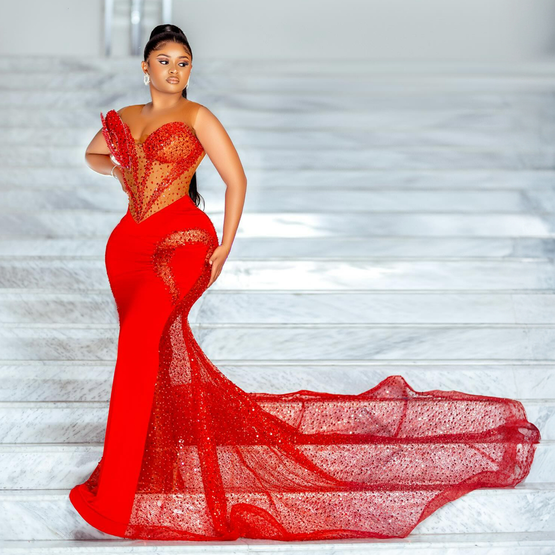 African Plus Size Aso Ebi Prom Dresses Red Evening Dresses For Special Occasions Illusion Mermaid Formal Gala Dresses Birthday Second Reception Gowns for Girl AM473