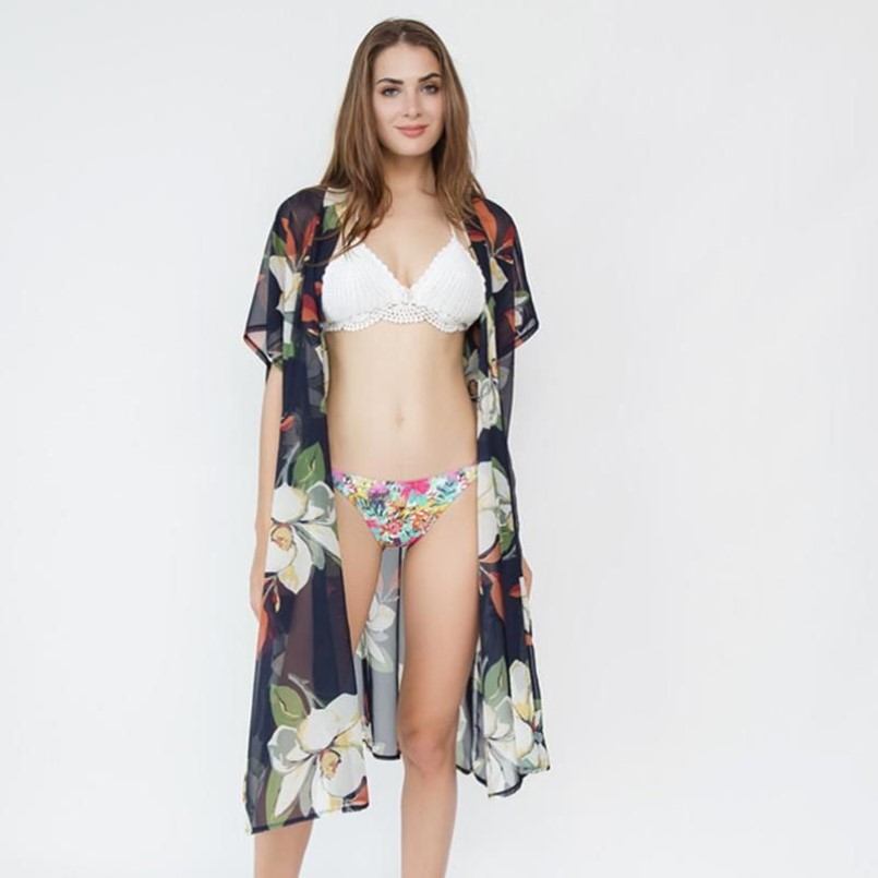 Mode folral tryckt cardigan bikini täcker chiffong sommarstrandklänning badkläder kvinnor kaftan tunika sjal baddräkt sarongs201b