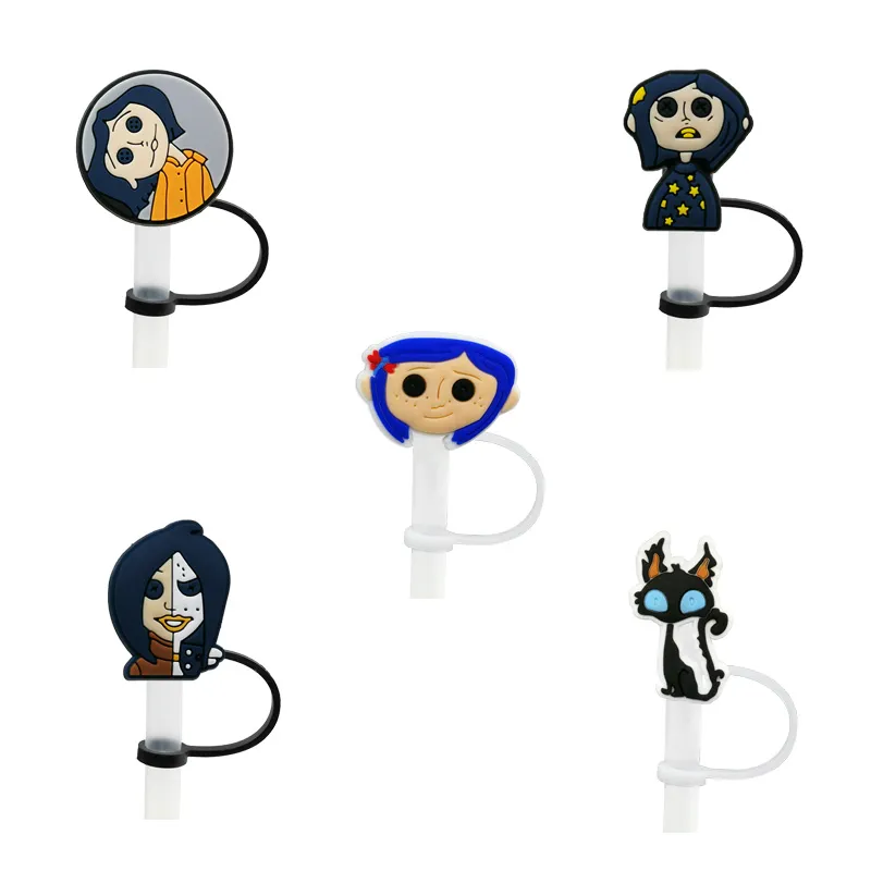 Custom Coraline & the Secret Door soft silicone straw toppers accessories cover charms Reusable Splash Proof drinking dust plug decorative 8mm straw party supplies