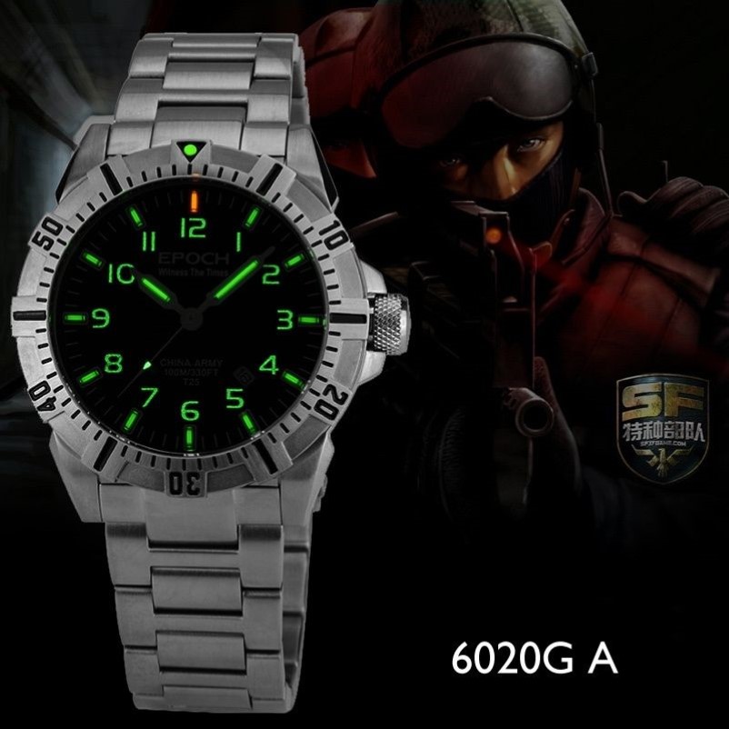 EPOCH steel strap waterproof 100m tritium gas tubes luminous sport diving quartz watch T200112307B