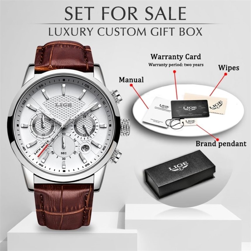 Lige Top Luxury Fashion Leather Strap Quartz Men Watches Casual Date Business Mane Wristwatches Homme Montre Clock Box 210310330b