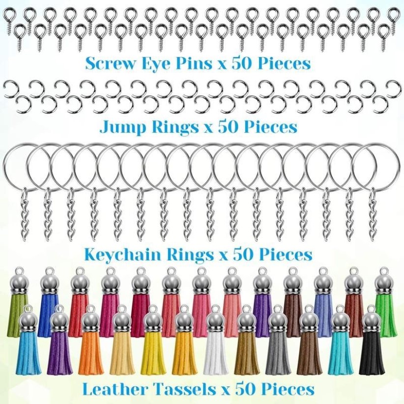 Sleutelhangers Sleutelhanger Kwastjes Sleutelhangers Set Wordt geleverd met 50 stuks Leren Kwastjes 50 Ringen 50 Ringetjes En 501285G