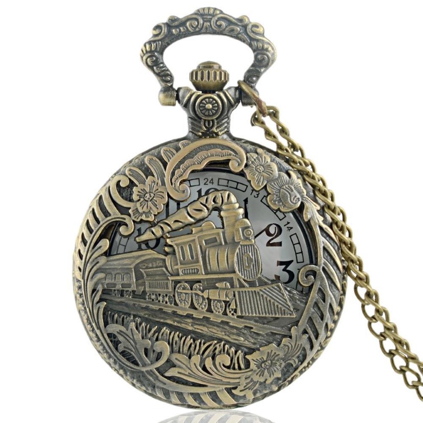 Bronze creux Train thème plein Quartz gravé Fob rétro pendentif montre de poche chaîne cadeau pompier Theme246b