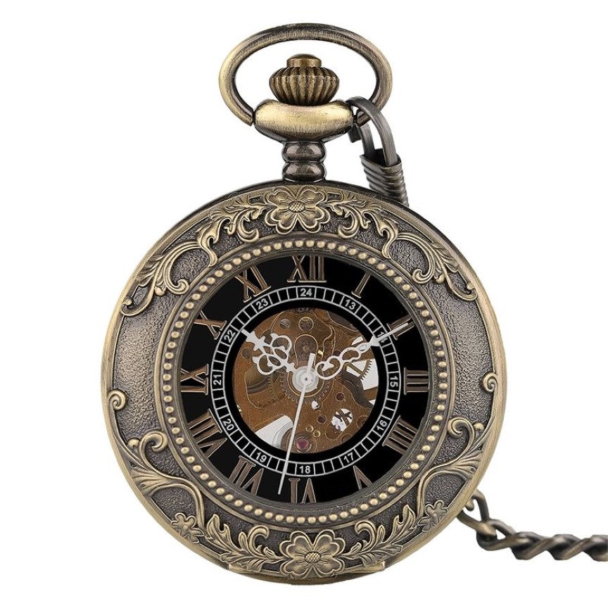 Cadena colgante clásica Cuerda manual Reloj de bolsillo mecánico Hombres Steampunk Esqueleto Mujeres Tallado Collar Reloj Regalo de Navidad T200502239i