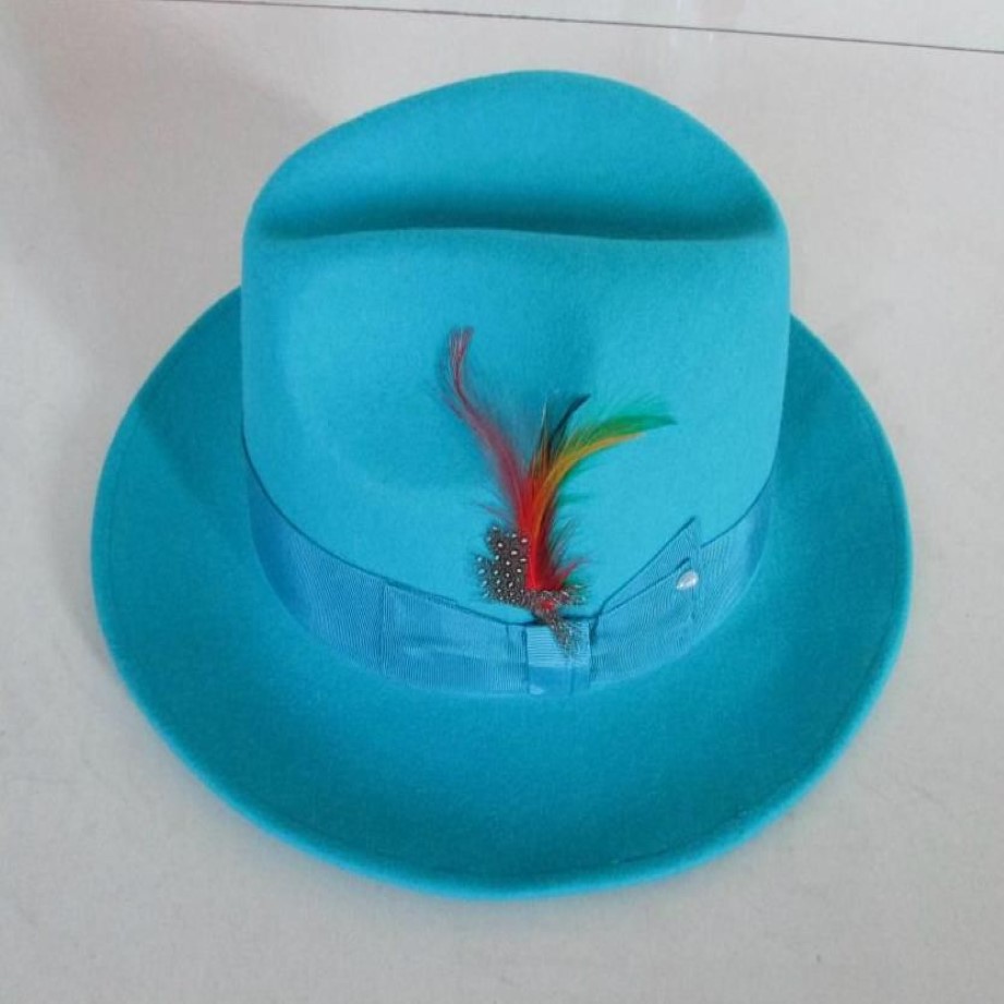 Moda uomo Fedora Berretto di lana Maschio Lago Blu Jazz Classico feltro leggero Cappello Fedora Padrino Cowboy B-8119 Cappelli a tesa larga250b