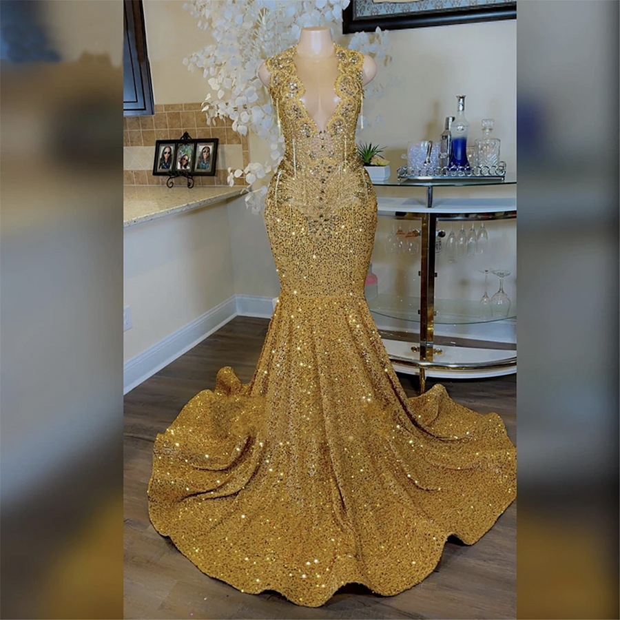 Sparkly Gold Sheer O Neck Long Prom Dress For Black Girls Beaded Crystal Diamond Birthday Party Gown Tassel Evening Dresses