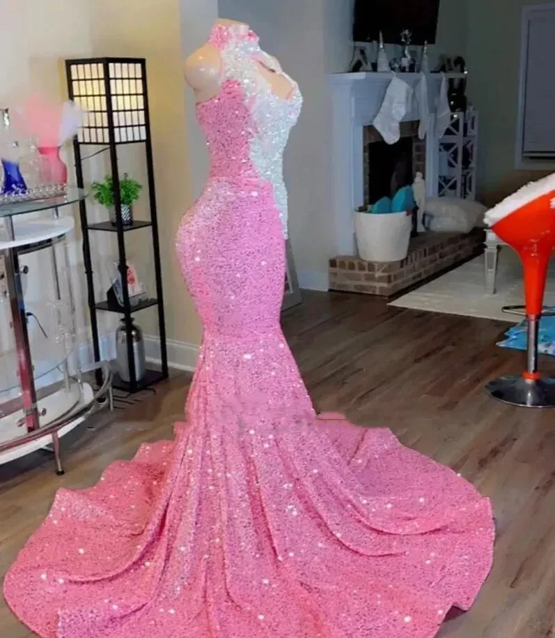 Pink Sequined Mermaid Prom Dresses 2024 For Black Girl Silver Applique Crystal Beaded Long Evening Dress Special Occasion Gowns 0219