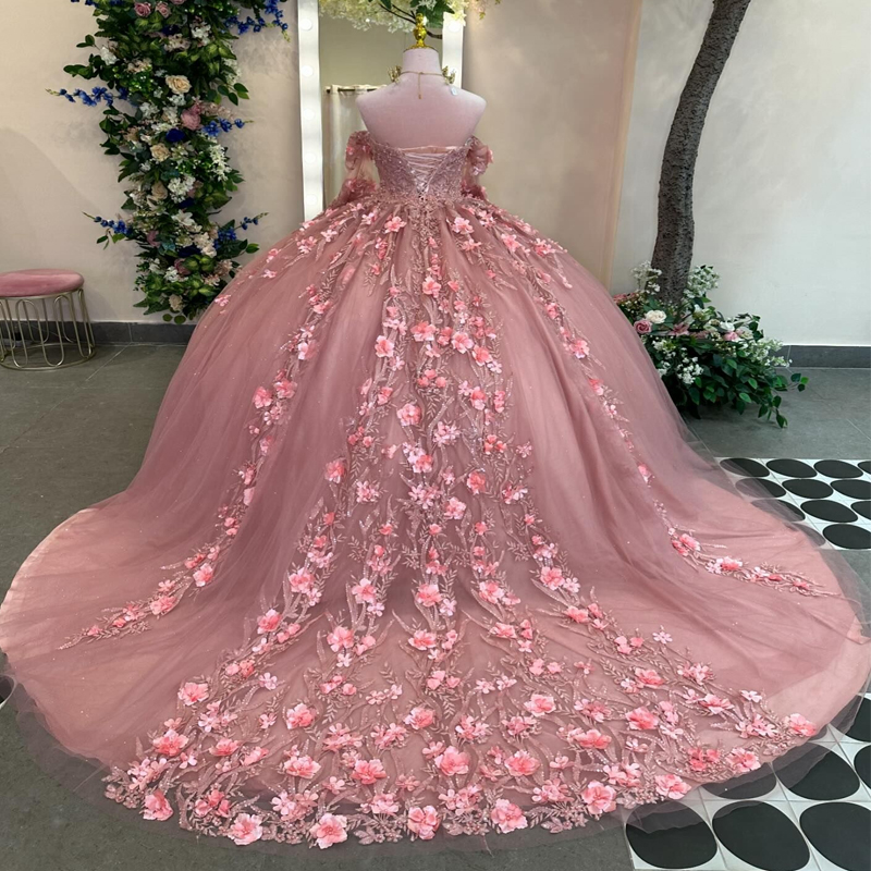 Pink 3D Flowers Ball klänning Långärmad quinceanera -klänningar Applices spetspärlor Tull Corset Vestidos de 15 Anos