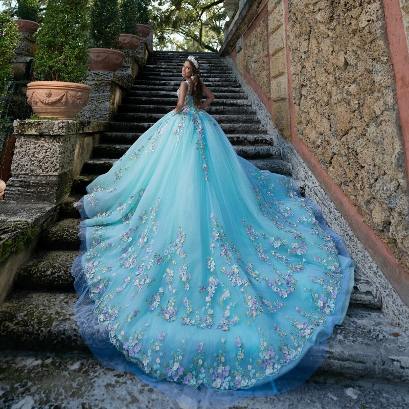 Aqua Blue Shiny 16 Quinceanera Dresses 레이스 꽃 연인 어깨에 푹신한 파티 드레스 구슬 가운 멍청이 드 15