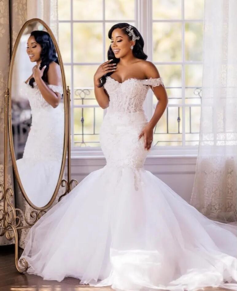 African Elegant Lace Mermaid Wedding Dresses for Bride 2024 Off Shoulder Lace up Closure Sweep Train Beaded Bridal Gowns Best Selling 0305