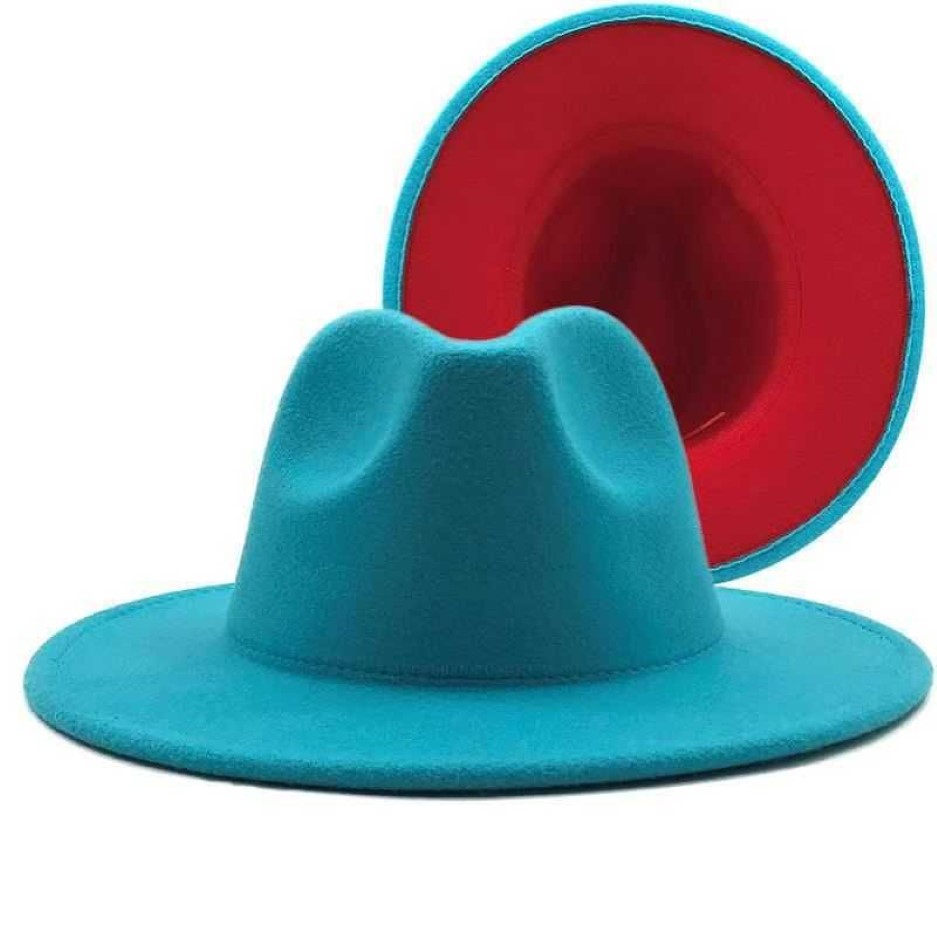 Cappelli Fedora Jazz in feltro di lana patchwork con fondo rosso con fibbia cintura sottile Uomo Donna Cappello da chiesa a tesa larga Panama Trilby Caps 2106232886