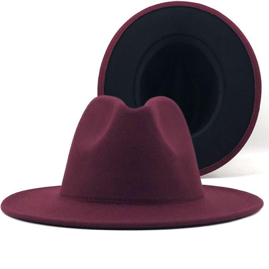 Clássico feminino masculino exterior vinho vermelho interior preto lã feltro jazz dois tons chapéu fedora estilo britânico vintage aba larga panamá cap246q